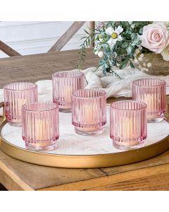 Ribbed Pink Glass Votive Candle Holder (Set of 6)