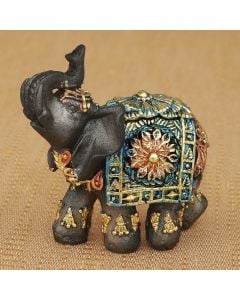Mahogany Brown elephant with colorful headdress and blanket - mini size