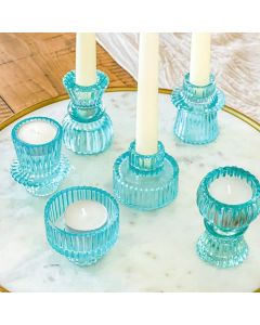 Vintage Ribbed Blue Glass Candle/Candlestick Holders Set of 6 - Assorted