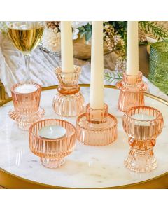 Vintage Ribbed Glass Rose Gold Candle/Candlestick Holders Set of 6 - Assorted