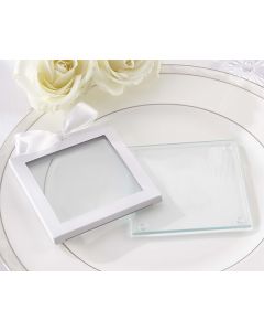 White Glass Coaster Gift Sleeve with Ribbon (Set of 12)