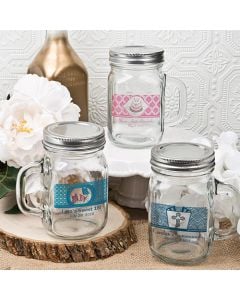 12 ounce Glass mason jar with handle and silver metal screw top