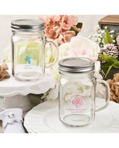 Screen printed personalized 12 ounce glass mason jar with silver metal screw top