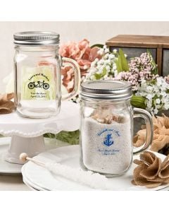Screen printed personalized 12 ounce glass mason jar with silver metal screw top