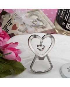 Heart shaped silver metal bottle opener with dangling heart design
