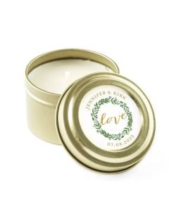 Personalized Gold Tin Candle Wedding Favor - Love Wreath