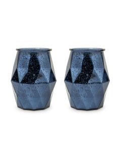 Large Geometric Mercury Glass Votive Candle Holders - Navy Blue - Set Of 2