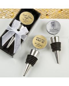 Wine bottle stoppers from our Personalized Metallics Collection
