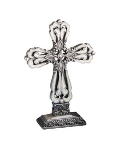 Pewter Color Cross Statue With Ivory Enamel Inlay